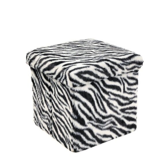 Go-Poufs Knock-Down Small Cube Faux Fur Storage Ottoman | Zebra Black/White - Picture 3 of 6